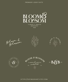 the bloom & blossom logo is shown in white and black on an olive green background