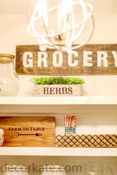 the shelves are filled with farm related items and signs that read grocery