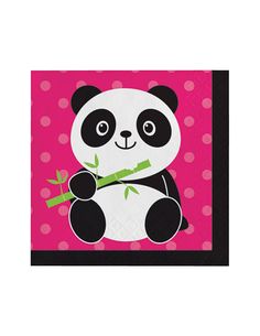 a pink and black napkin with a panda eating bamboo on it's side, in front of a polka dot background