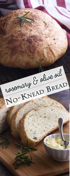 rosemary and olive oil no knead bread on a cutting board with a sign that says rosemary & olive oil