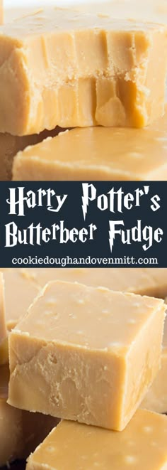 harry potter's butterbeeer fudge is cut into squares and stacked on top of each other