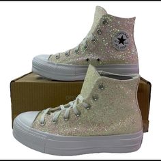 Converse By You Ctas Lift Platform Brand New, Never Worn, 100% Authentic Product From Converse: Canvas Upper With Glitter (Includes Ribbon Laces) Chuck Taylor Heel Plates Chuck Taylor All Star Patches On Insteps Textile Lining With Cushioning Eva Insole Rubber Outsoleplease See Pictures (Pictures Are Of The Actual Item, They Are Not Stock Photos) Ships In And Includes The Brown "One Box" Converse By You Box (Black Box Used In Photos Is Not Included). Star Patches, Ribbon Laces, White Shoes Women, Black Box, Womens Converse, Chuck Taylor All Star, Converse Chuck, Converse Shoes, Chuck Taylor