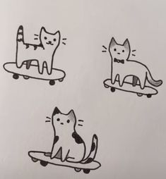 three black and white drawings of cats on skateboards with one cat sitting in the middle