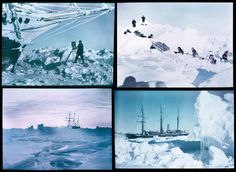 four pictures of people standing on top of snow covered mountains and boats in the water