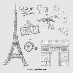 the eiffel tower and other things that are drawn in pencil on white paper