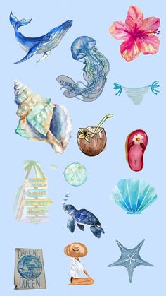 an image of seashells and starfish on a blue background with watercolor