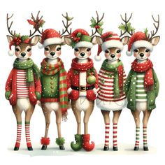 three deer wearing christmas sweaters and hats standing next to each other in front of a white background