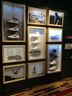 a display case filled with different types of shoes and pictures on the wall next to each other