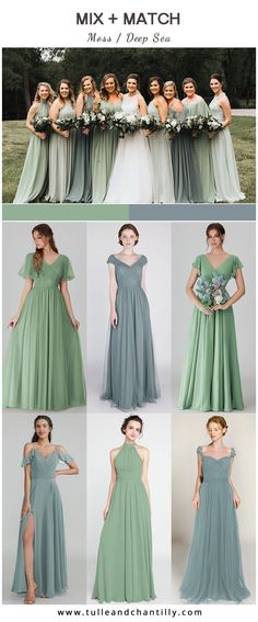 the bridesmaid dresses are all different colors and sizes, but one is green