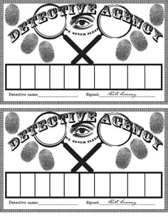 two blank labels with the words detive agent and an eye on them, both in black and white