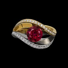 Covet duo ring is curvaceous and enchanting. This ring displays a beautiful rubellite tourmaline between curves of yellow and white gold, embellished with diamond pavé. Royal Blue Sapphire Ring, Rubellite Ring, Tahitian Pearl Ring, Purple Sapphire Ring, Amethyst Cocktail Ring, Yellow Gold Diamond Earrings, Red Garnet Ring