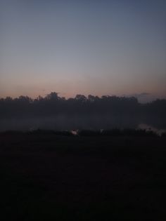 the sun is setting over some trees and water in the distance, with fog on the ground