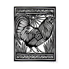 a black and white drawing of a rooster in a square frame with leaves on it