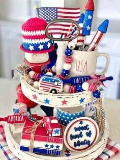 patriotic items are stacked on top of each other