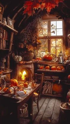 a room filled with lots of pumpkins next to a fire place