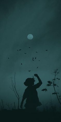 a person standing in the dark with birds flying around