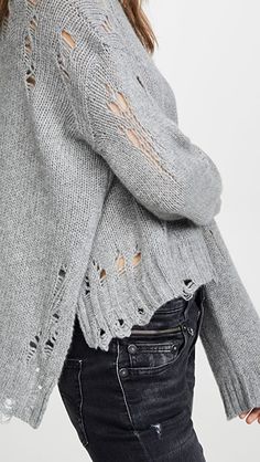 R13 Свитер с боковыми разрезами и прорехами | SHOPBOP Shredded Sweater, Edgy Aesthetic, Aging Beautifully, Faded Denim, Denim Branding, China Fashion, Fun Bags, Soft Knits, Fashion Designer