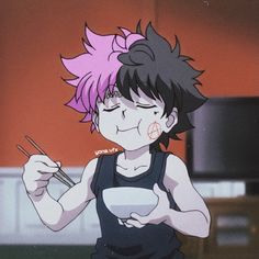 an anime character with pink hair holding chopsticks