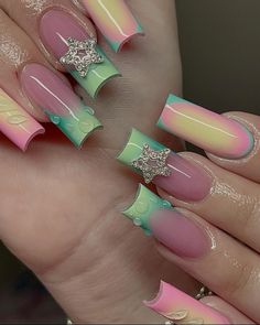 Green Pink Acrylic Nails, Pink And Green Nails Coffin, Long Square Summer Nails, Green Squared Acrylics, Pink And Green Square Nails, Green And Pink Nails Aesthetic, Summer Nail Sets, Airbrush Nail Designs, Airbrush Nail