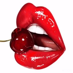 a woman's mouth with red lipstick and a cherry on it