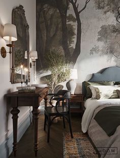 a bedroom with a painting on the wall next to a bed and desk in front of it