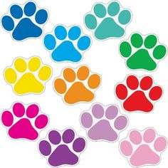 colorful paw prints are arranged in the shape of an animal's paw, with different colors