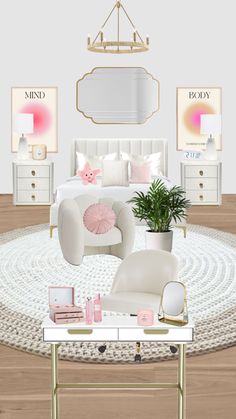 a bedroom with white furniture and pink accents on the walls, along with a round rug