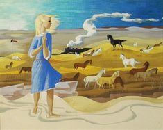 a painting of a woman standing in front of horses and other animals on a field