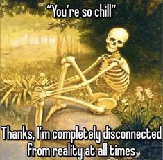 a skeleton sitting on top of a rock with the caption you're so chill thanks