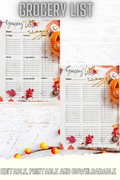 the printable grocery list is shown with pumpkins and leaves