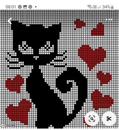 a cross stitch pattern with a black cat and red hearts on the bottom right corner