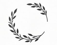 a black and white drawing of a circle with leaves on it's sides, in the shape of a wreath