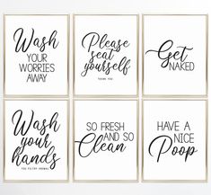 six black and white bathroom wall art prints with the words wash your hands, clean your hands