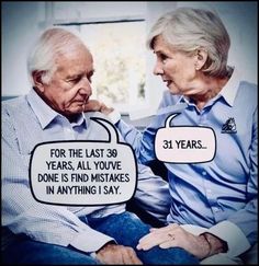 an older man and woman sitting next to each other with speech bubbles on their heads