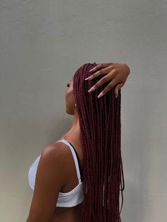 Burgundy Red Box Braids, Long Red Braids For Black Women, Dark Burgundy Box Braids, Red Single Braids, Wine Red Braids For Black Women, Wine Red Box Braids, Deep Red Box Braids, Wine Braids For Black Women, Cherry Red Braids Black Women