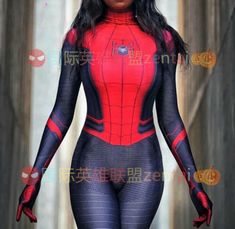 a woman in a red and black spider suit