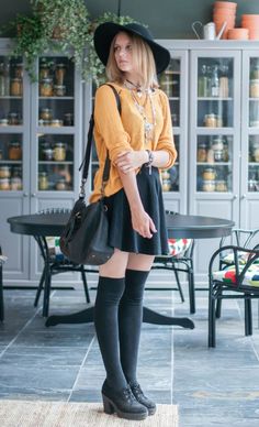 6 Sophisticated Ways To Wear Socks With Heels. Chic and edgy outfit options with socks and heels for transitional weather, the end of summer and the beginning of fall. Boheme Style, Mustard Yellow Sweater, Pullovers Outfit, Style Festival, Black Skater Skirts