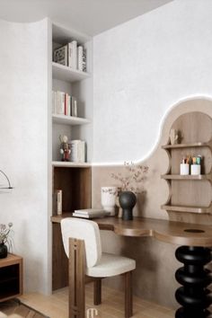 a room with a desk, shelves and two stools in front of the table