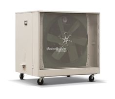 a white metal cabinet with wheels and a logo on the front that says masterbuiler