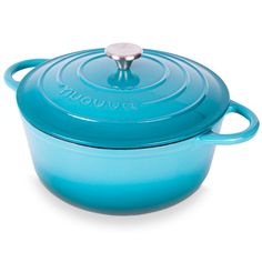 a blue casserole with a lid and handle on it's side, against a white background