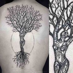 the back of a woman's shoulder with tree tattoos on it