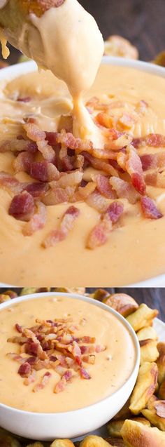 two pictures showing the process of making potato chips with cheese and bacon being dipped into dip