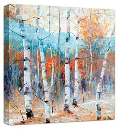 an abstract painting of birch trees in autumn