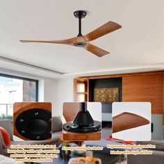 a ceiling fan with wooden blades in a living room