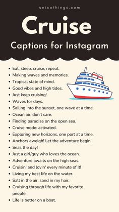 a poster with the words cruise captions for instagramm and an image of a boat