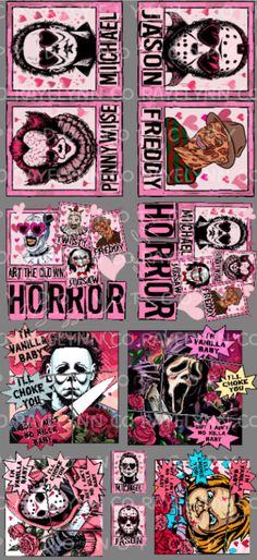 a collage of stickers with the words horror and skulls in pink, black and white