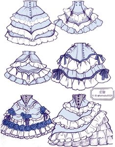 four different types of dresses with ruffles and bows on the bottom, one in blue