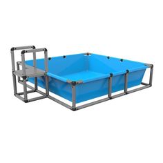 a blue rectangular swimming pool with metal frame and ladders on the sides, in front of a white background