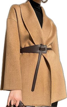 Elegant Business Belts For Fall, Elegant Fall Business Belts, Elegant Formal Belt For Fall, Beige Belted Outerwear For Office, Belted Brown Outerwear For Business, Elegant Formal Belts For Fall, Chic Leather Outerwear With Belt, Wool Outerwear With Self Belt For Fall, Fall Wool Outerwear With Self Belt