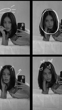 four different pictures of a woman holding up her cell phone and taking a selfie